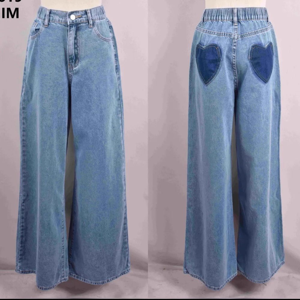 ✨RESTOCKED✨FROM PARIS FRANCE Wide-Leg Blue Jeans with Heart Patch